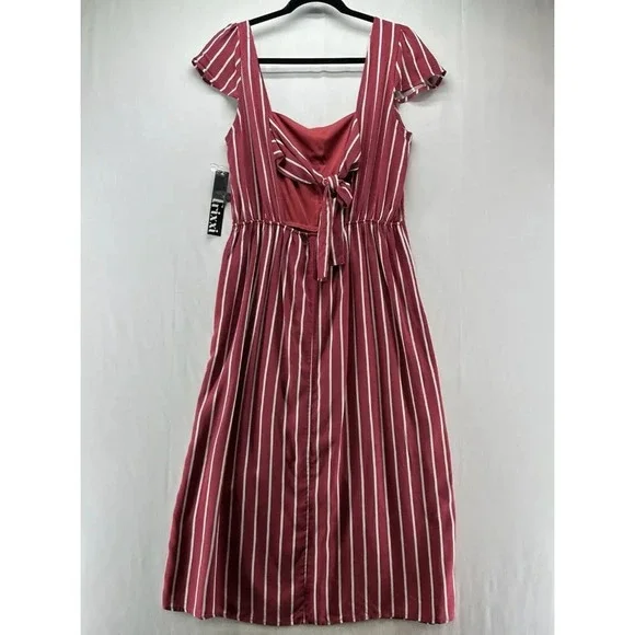 Trixx Dress Size XL A-Line Midi Striped Faux Button Front String Back Rayon Red - Picture 2 of 11